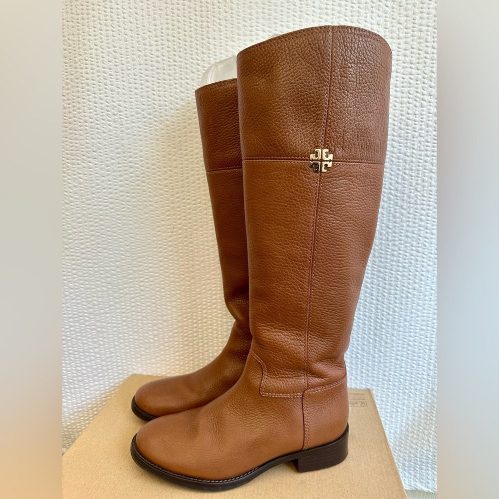 TORY BURCH Jolie Brown Leather Knee High Riding Boots Gold Logo Women’s Size 5
